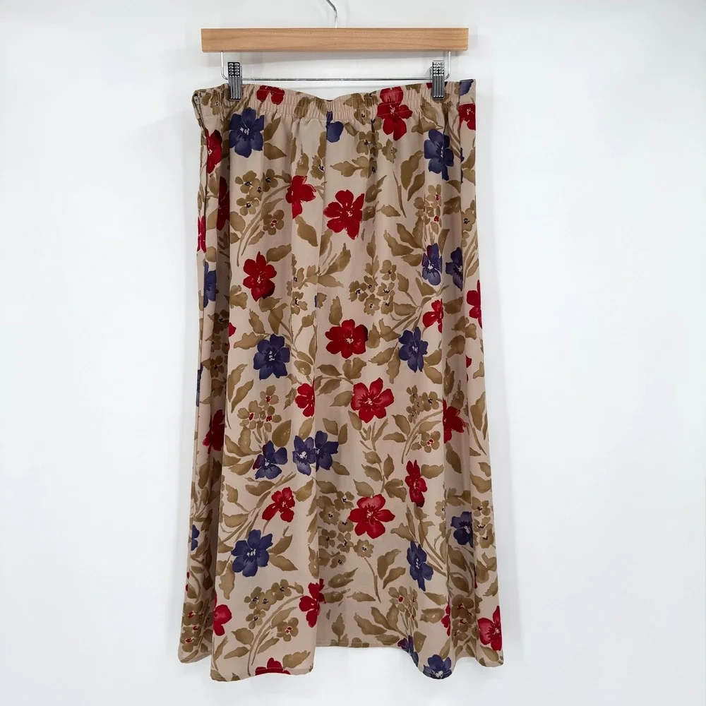 Sag‎ Harbor Petite Vintage Floral Midi Skirt Tan/Red/Purple Womens MP